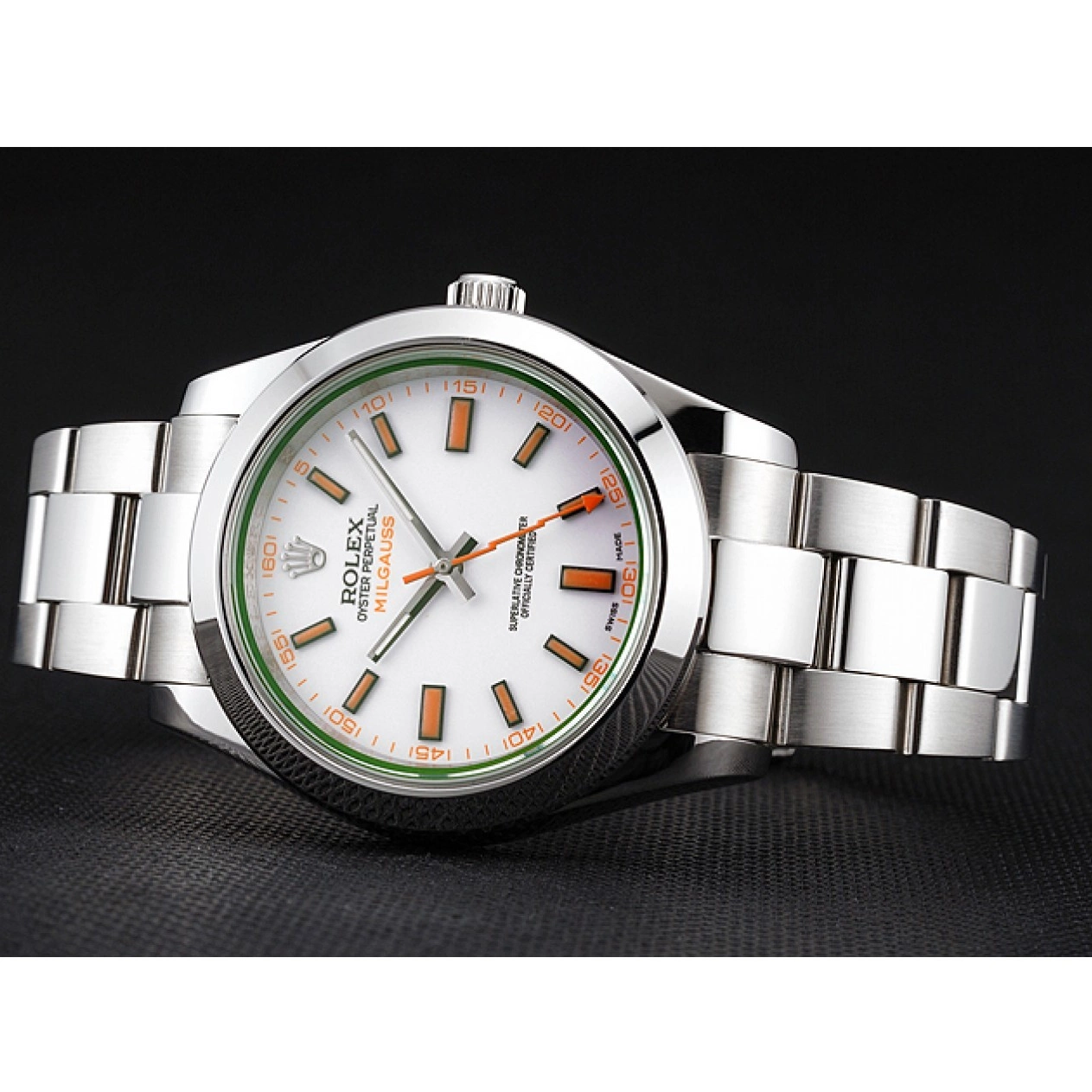 Aaa replica watch Milgauss Steel Markings Swiss Stainless Bracelet Case White Orange Dial And Rolex 0715